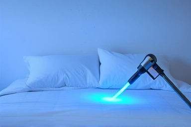 Modern bed with vacuum cleaner, symbolizing dust mite and dust removal.