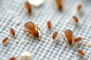 Macro view of dust mites and fine particles on fabric.
