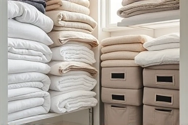 Organized closet with neatly stored bedding and blankets.