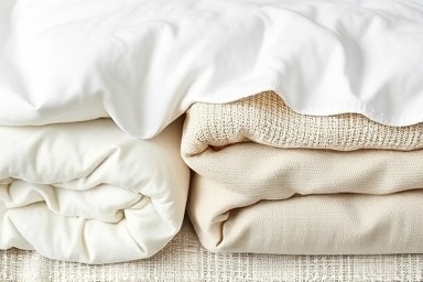 Close-up of various bedding materials being stored.