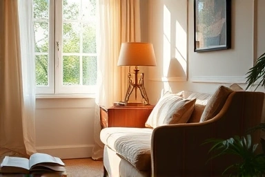 Cozy bedroom armchair reading nook with lamp and book.