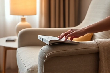 Plush armchair detail, side table, and warm mood lighting.