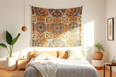 Cozy bedroom with a large fabric poster above the bed.