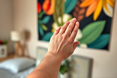 Hand smoothing fabric poster, highlighting texture and ease of use.