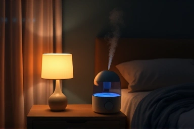 Cozy bedroom with humidifier mist, promoting comfortable sleep.