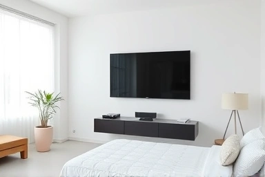 Modern bedroom with wall-mounted TV, minimalist interior design