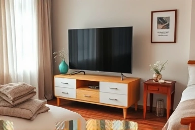 Bedroom with TV on a stand, organized cables, cozy atmosphere