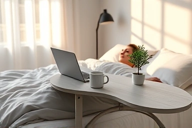 Cozy bedroom with person enjoying breakfast in bed on mini table.