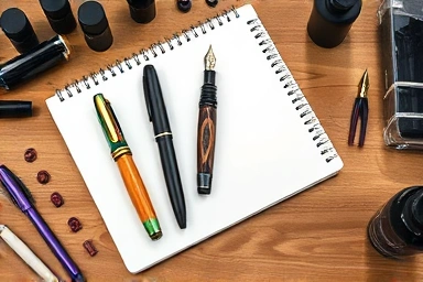 Collection of beginner fountain pens and ink bottles