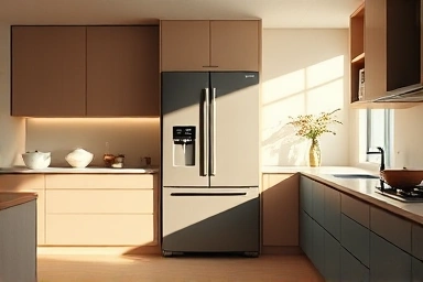 Modern kitchen with a harmonious Samsung Bespoke refrigerator color combination.