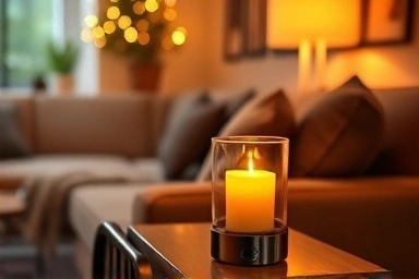 Cozy living room with candle warmer and soft ambient light.