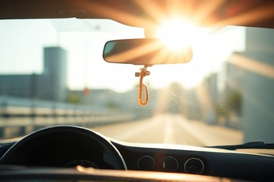 Crystal clear car windshield, streak-free, pristine glass, bright sunlight.