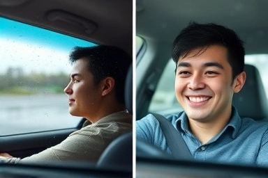 Driver's view, smudged vs. clear windshield, rainy day safety.
