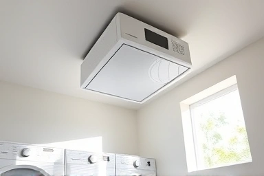 Modern ceiling-mounted automatic clothes dryer in a bright laundry room.