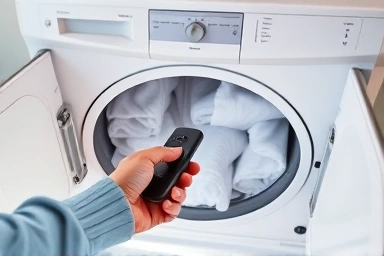 Operating a ceiling-mounted automatic clothes dryer with a remote control.