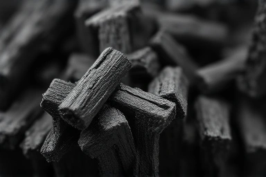 Microscopic view of charcoal's porous structure for absorption.