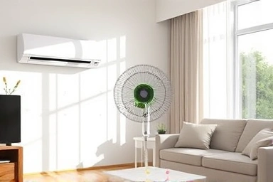 Circulator fan and air conditioner working together in a living room.