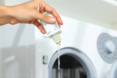 Pouring clear liquid into a washing machine dispenser.