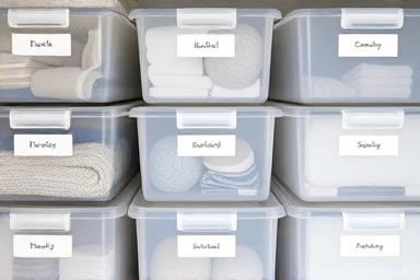 Organized home storage with transparent bins and clear name tags.