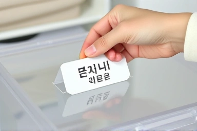 Attaching a name tag to a transparent storage box for organization.