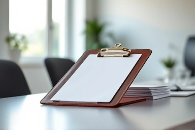 Professional leather clipboard on a minimalist office desk.
