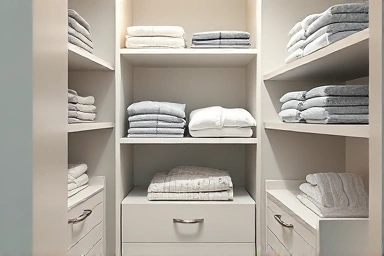 Freshly organized closet with cool lighting.