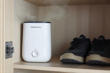 Dehumidifier absorbing moisture in a shoe cabinet.
