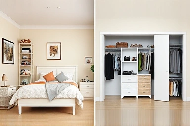 Sliding vs hinged closet in small bedroom, space optimization comparison