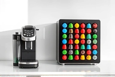 Organized coffee capsule dispenser on kitchen counter