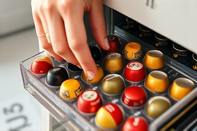 Selecting coffee capsule from organized drawer storage