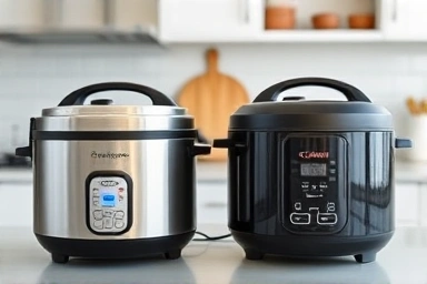 Modern kitchen with Cuckoo and Cuchen rice cookers.