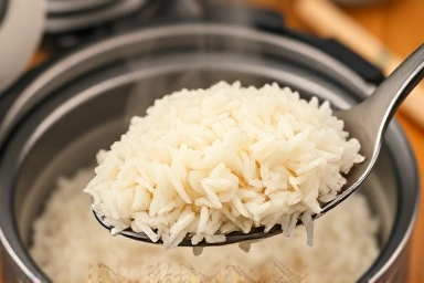 Steaming hot, perfectly cooked white rice.