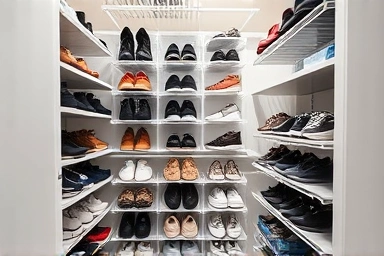 Organized shoe closet with vertical stacking organizers.