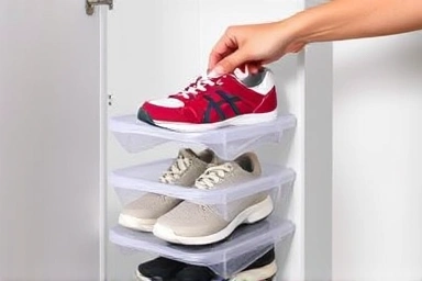 Hand using shoe organizer to stack sneakers vertically.