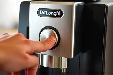 User pressing button on De'Longhi automatic coffee machine for convenience.