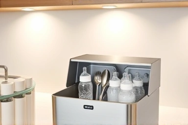 Modern kitchen with dish sterilizer and baby bottles.