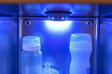 UV-C light sterilizing baby bottles inside a device.