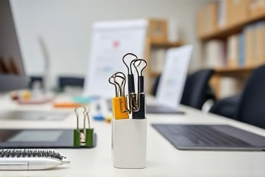 Organized desk with double clips organizing office supplies and cables.