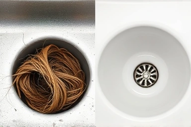 Comparison of clogged vs. clear drain, problem vs. solution.