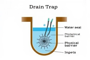 Diagram of scientific drain trap mechanism for odor and pest prevention