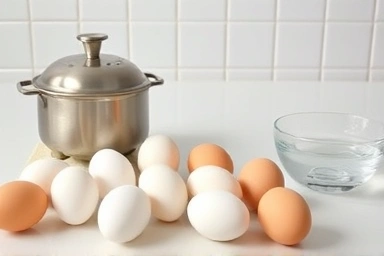 Healthy breakfast preparation with egg steamer and fresh eggs.