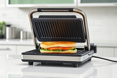 Modern kitchen with electric panini grill and sandwich.