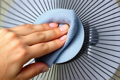 Hand cleaning fan blade with microfiber cloth.