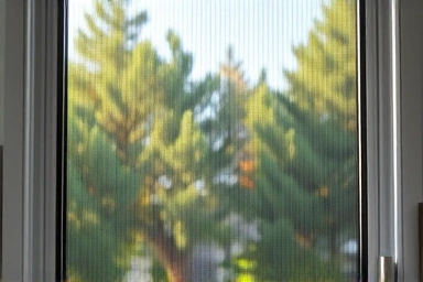 New black fine-mesh window screen, clean installation, sunlight filtering through.