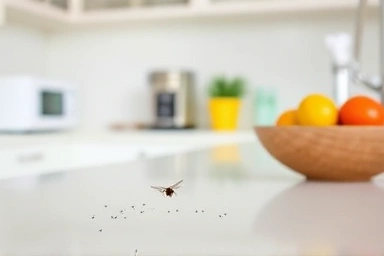 Modern kitchen with effective sticky fly trap catching gnats.