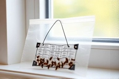 Safe, effective sticky fly trap on a windowsill, capturing indoor flies.