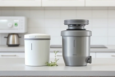 Modern kitchen with two different food waste disposer units.