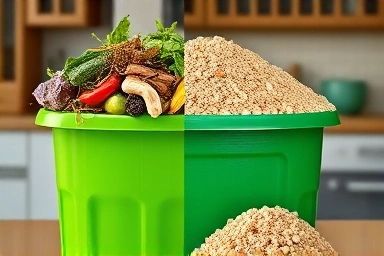 Split image showing compost and dry food waste particles.