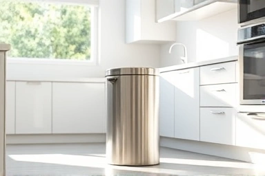 Clean kitchen with modern trash can
