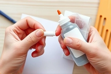 Hands applying glue stick and liquid glue precisely